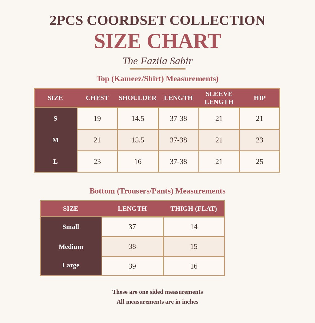 Ivory gold Size Chart