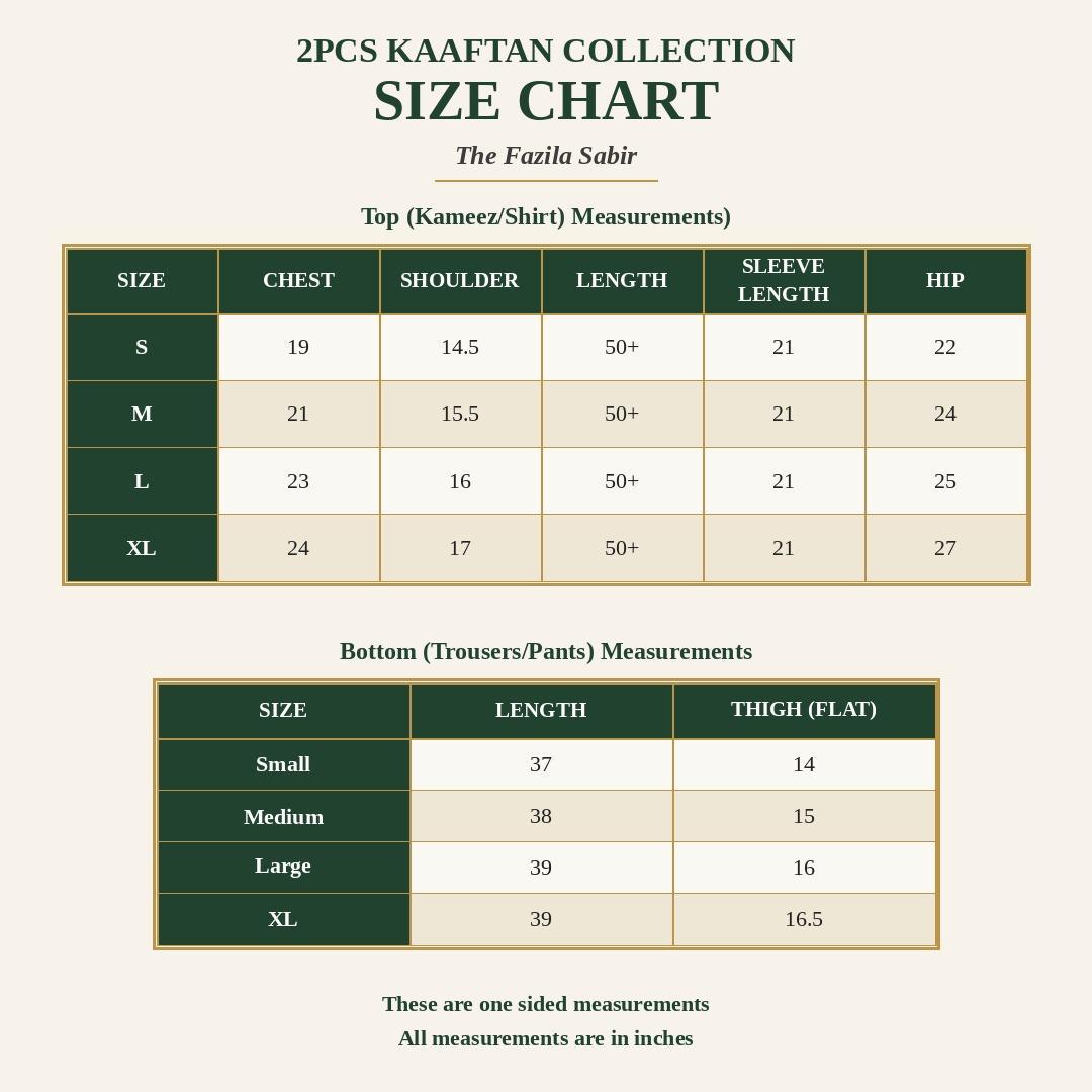 Black and white kaftan Size Chart